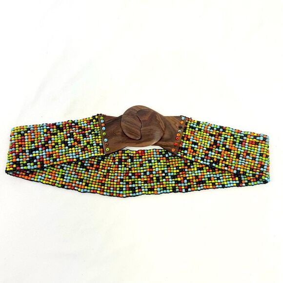 Colorful Seed Bead Wood Clasp Buckle Boho Festival Ethnic Tribal Stretch Belt - Picture 5 of 9